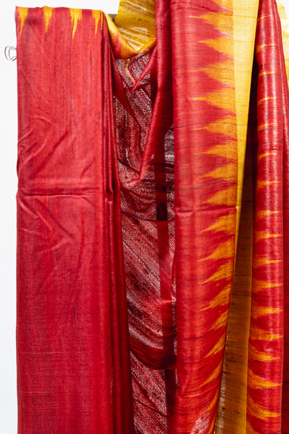 Blood Red Tussar Silk Saree with Yellow Temple Border