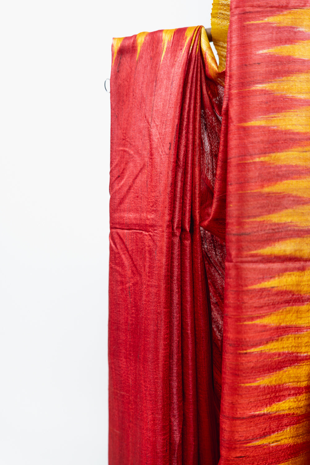 Blood Red Tussar Silk Saree with Yellow Temple Border