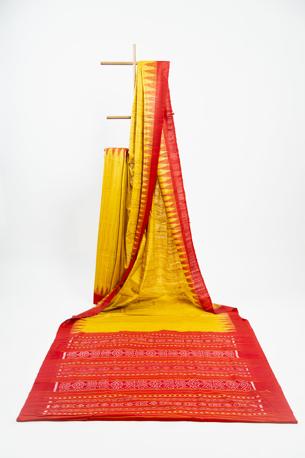 Mustard Yellow Tussar Silk Saree with Red Temple Border