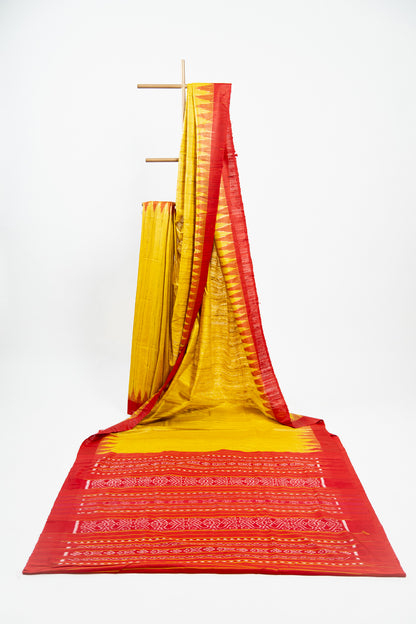Mustard Yellow Tussar Silk Saree with Red Temple Border