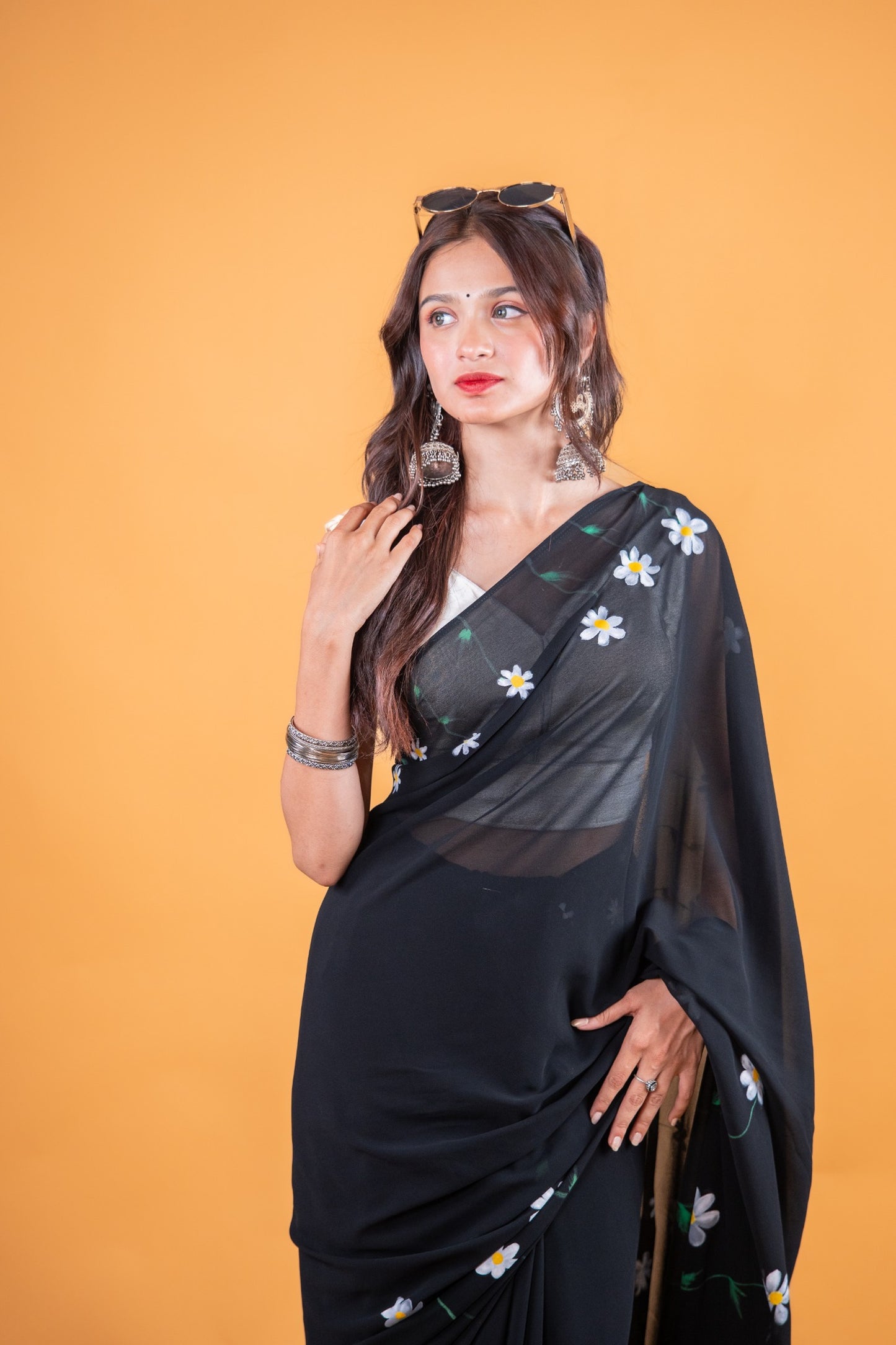 Black Hand-Painted Georgette Saree with Floral Design - Atulyakarigari