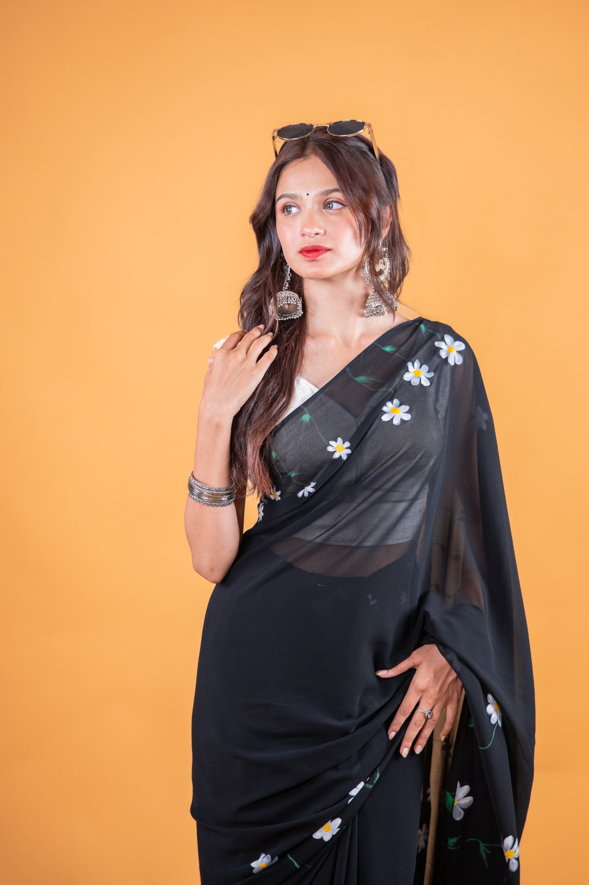 Black Hand-Painted Georgette Saree with Floral Design - Atulyakarigari