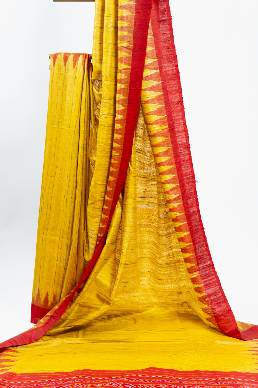 Mustard Yellow Tussar Silk Saree with Red Temple Border