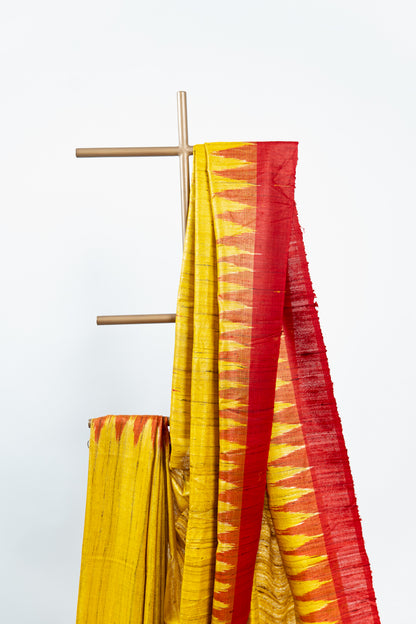 Mustard Yellow Tussar Silk Saree with Red Temple Border