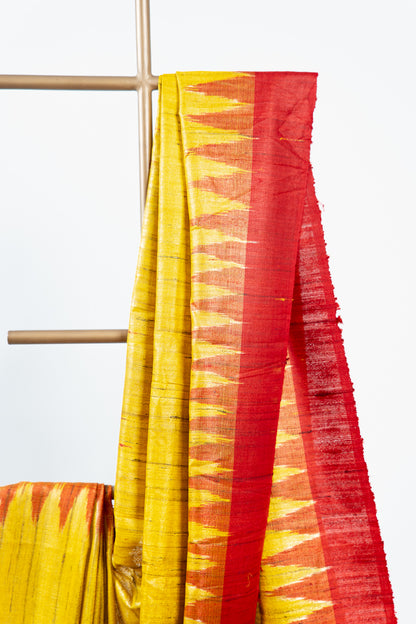 Mustard Yellow Tussar Silk Saree with Red Temple Border