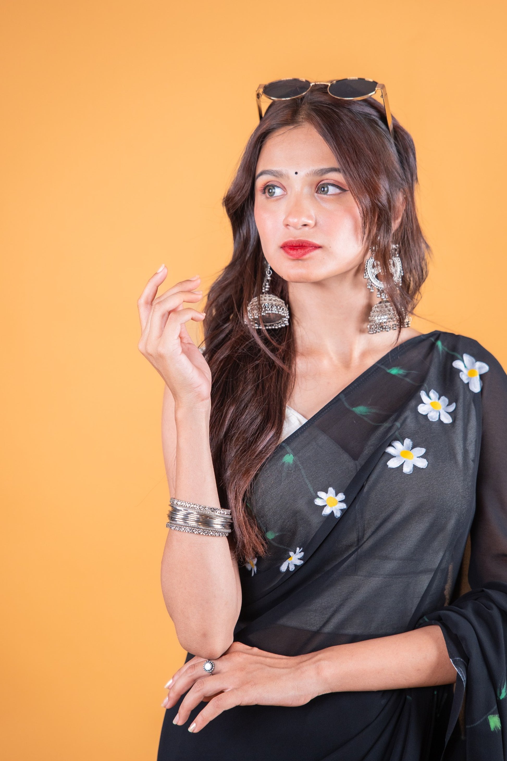 Black Hand-Painted Georgette Saree with Floral Design - Atulyakarigari