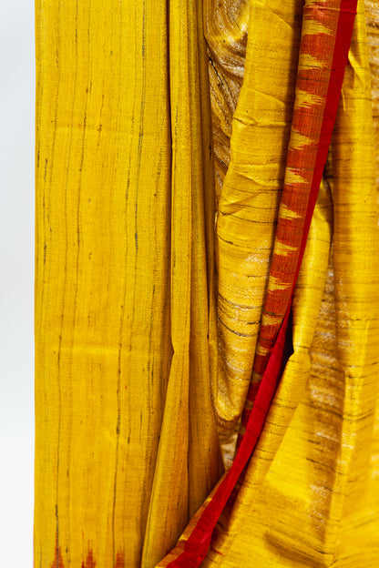 Mustard Yellow Tussar Silk Saree with Red Temple Border