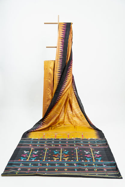Mustard Tussar Silk Saree with Plum & Black Temple Border