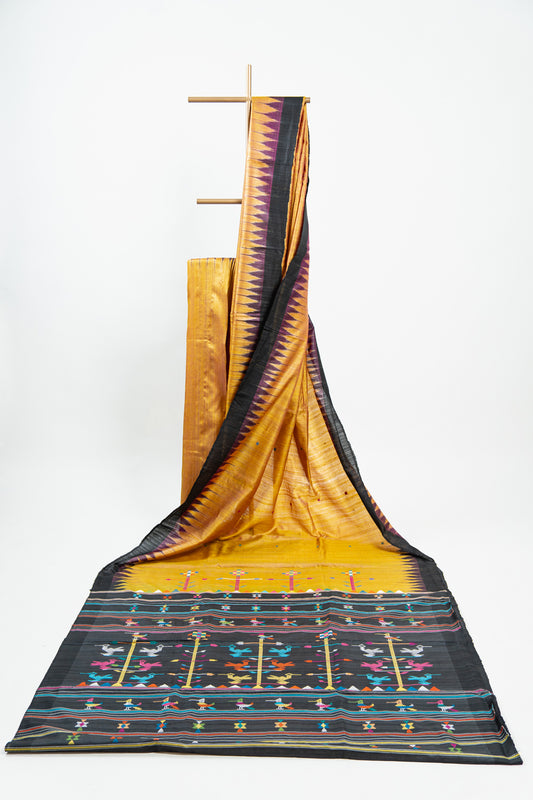 Mustard Tussar Silk Saree with Plum & Black Temple Border