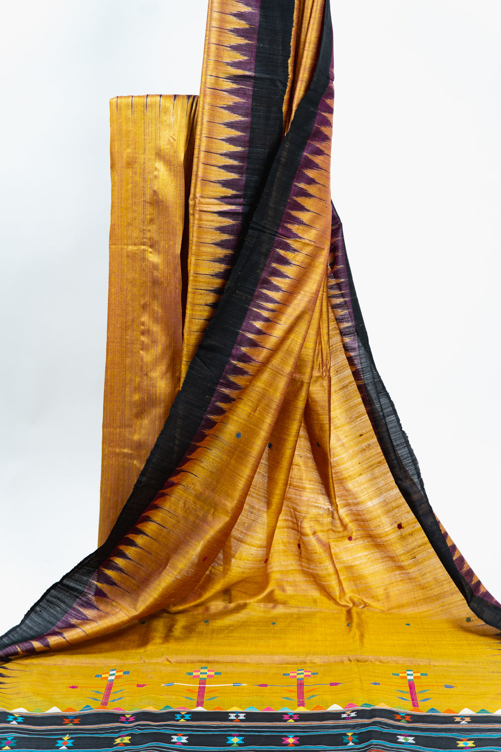 Mustard Tussar Silk Saree with Plum & Black Temple Border
