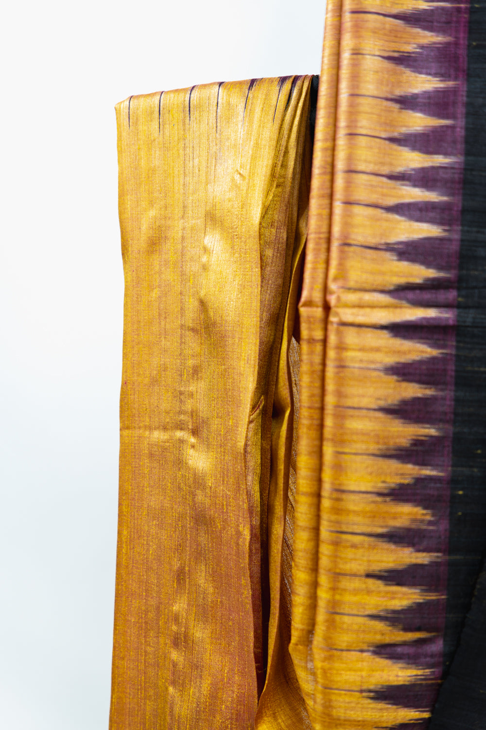 Mustard Tussar Silk Saree with Plum & Black Temple Border