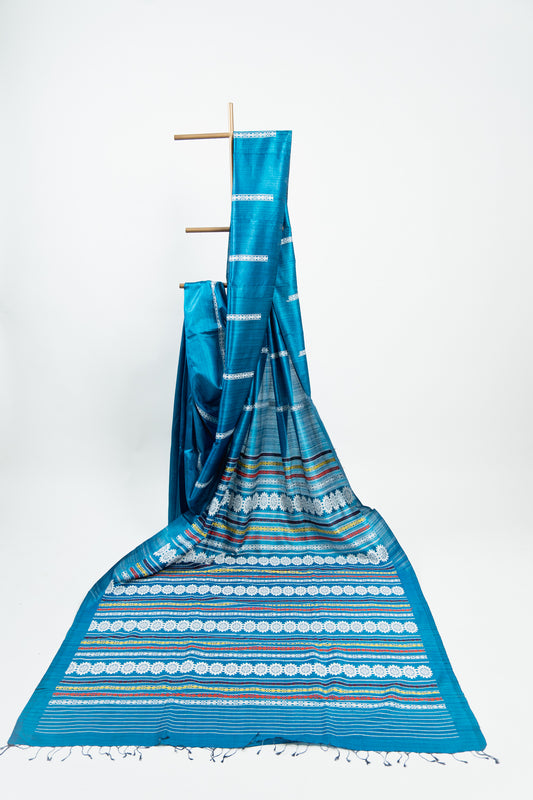 Teal Blue Tussar Silk Saree with White Geometric Border