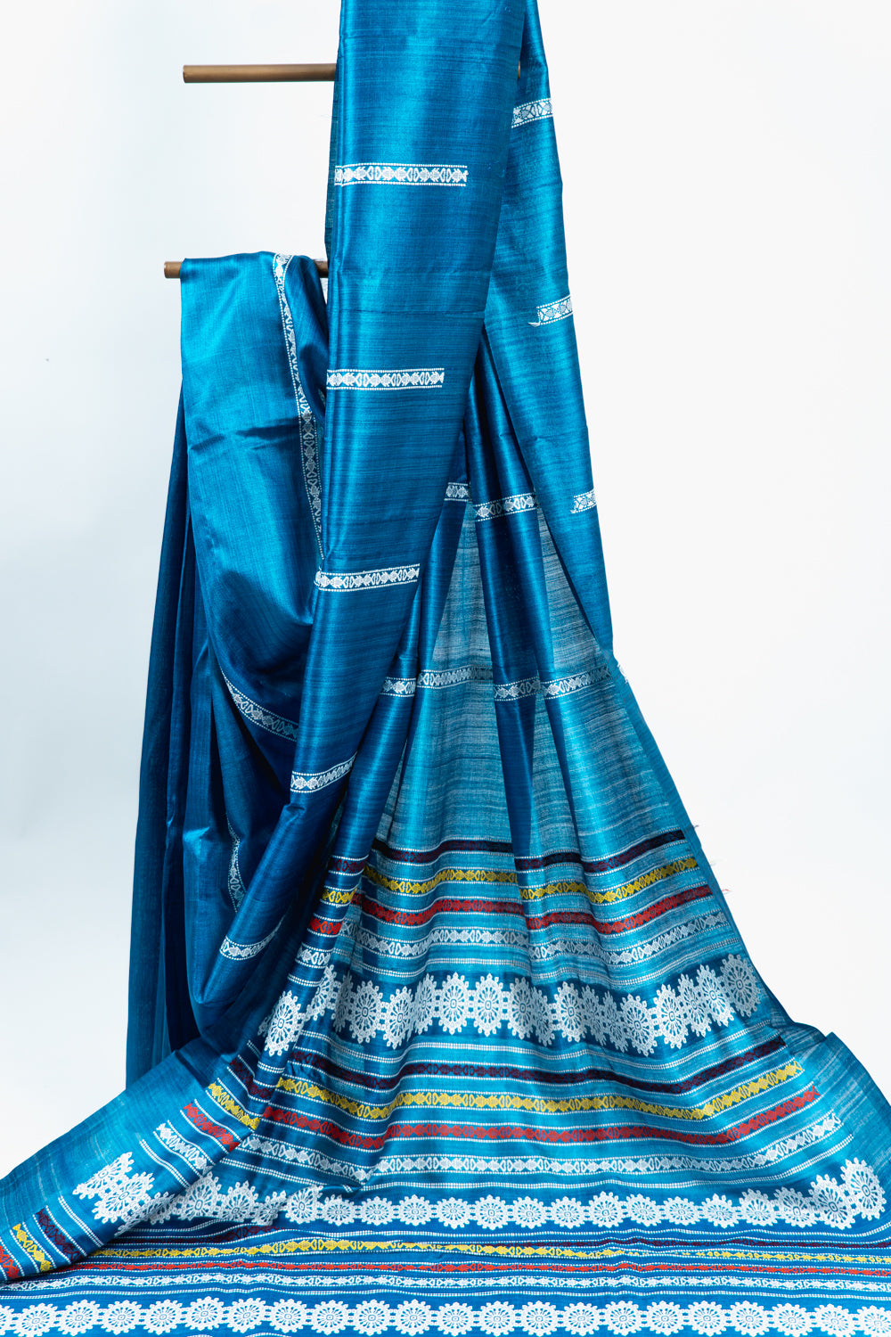 Teal Blue Tussar Silk Saree with White Geometric Border