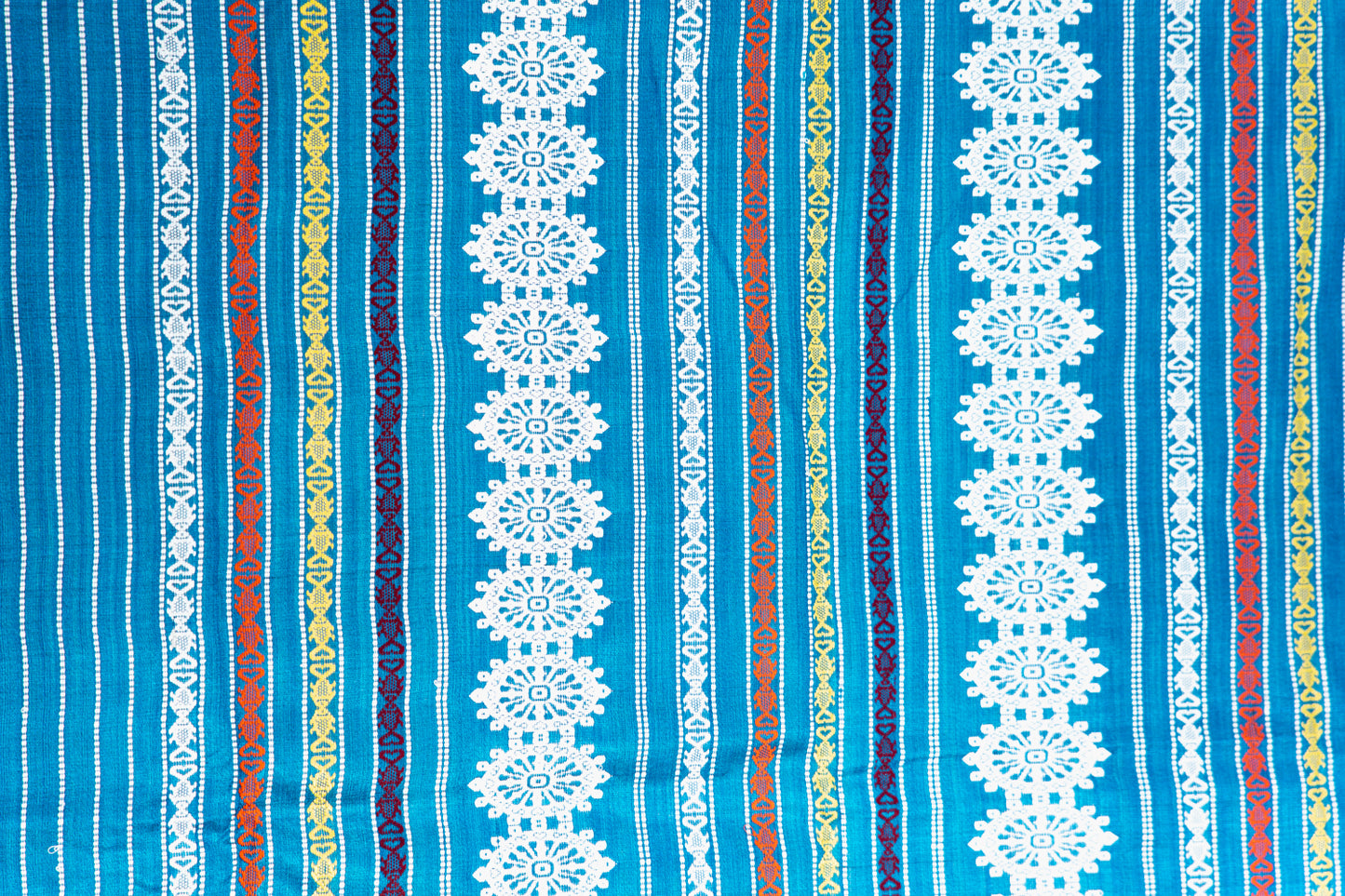Teal Blue Tussar Silk Saree with White Geometric Border