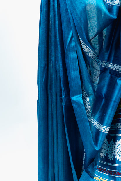 Teal Blue Tussar Silk Saree with White Geometric Border