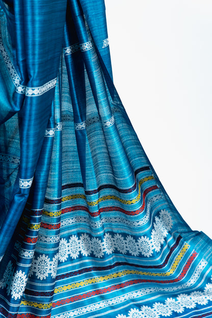 Teal Blue Tussar Silk Saree with White Geometric Border