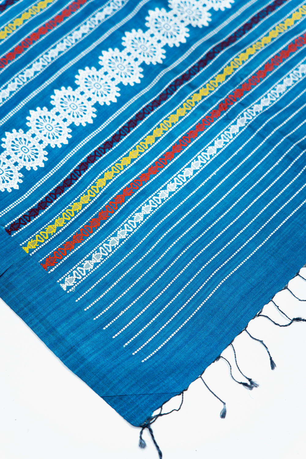 Teal Blue Tussar Silk Saree with White Geometric Border