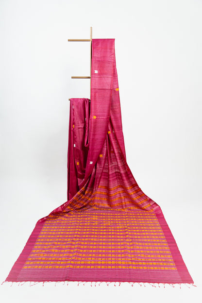 Muted Fuchsia Tussar Silk Saree with Mustard Geometric Motif