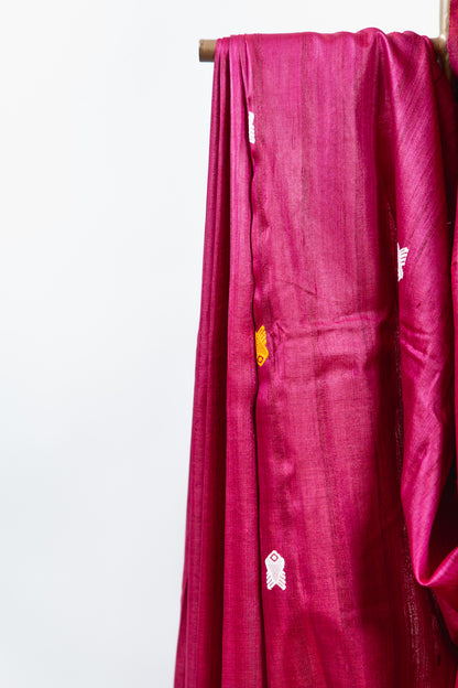 Muted Fuchsia Tussar Silk Saree with Mustard Geometric Motif