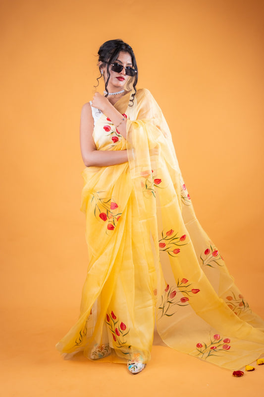 Pure Organza Handpainted Saree in Soft Yellow - Atulyakarigari