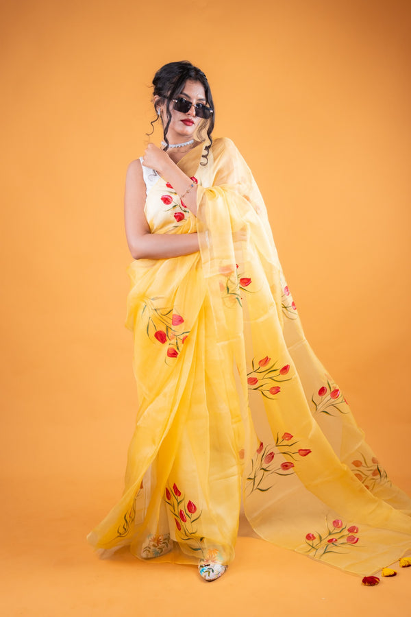 Pure Organza Handpainted Saree in Soft Yellow