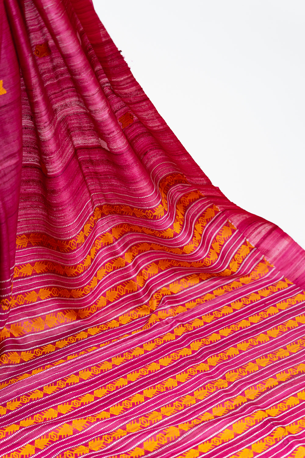 Muted Fuchsia Tussar Silk Saree with Mustard Geometric Motif