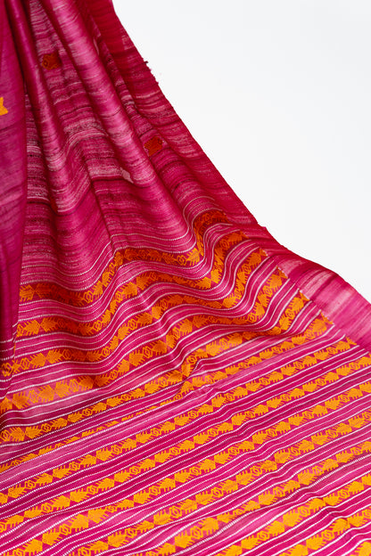 Muted Fuchsia Tussar Silk Saree with Mustard Geometric Motif