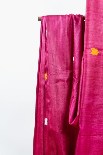 Muted Fuchsia Tussar Silk Saree with Mustard Geometric Motif