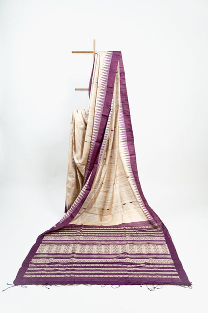 Natural Beige Tussar Silk Saree with Fish Motifs & Plum Border