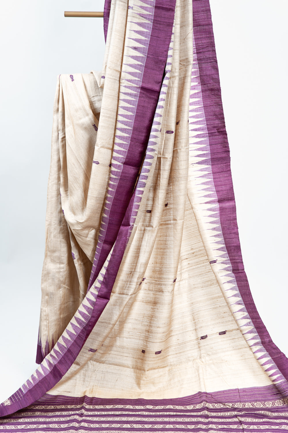 Natural Beige Tussar Silk Saree with Fish Motifs & Plum Border