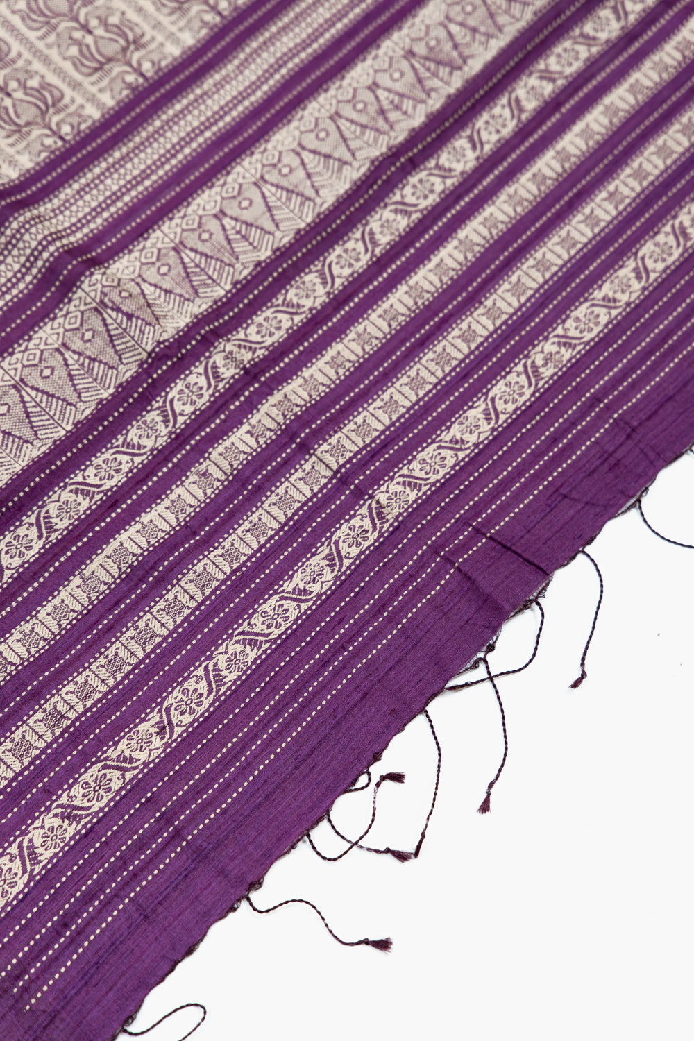 Natural Beige Tussar Silk Saree with Fish Motifs & Plum Border