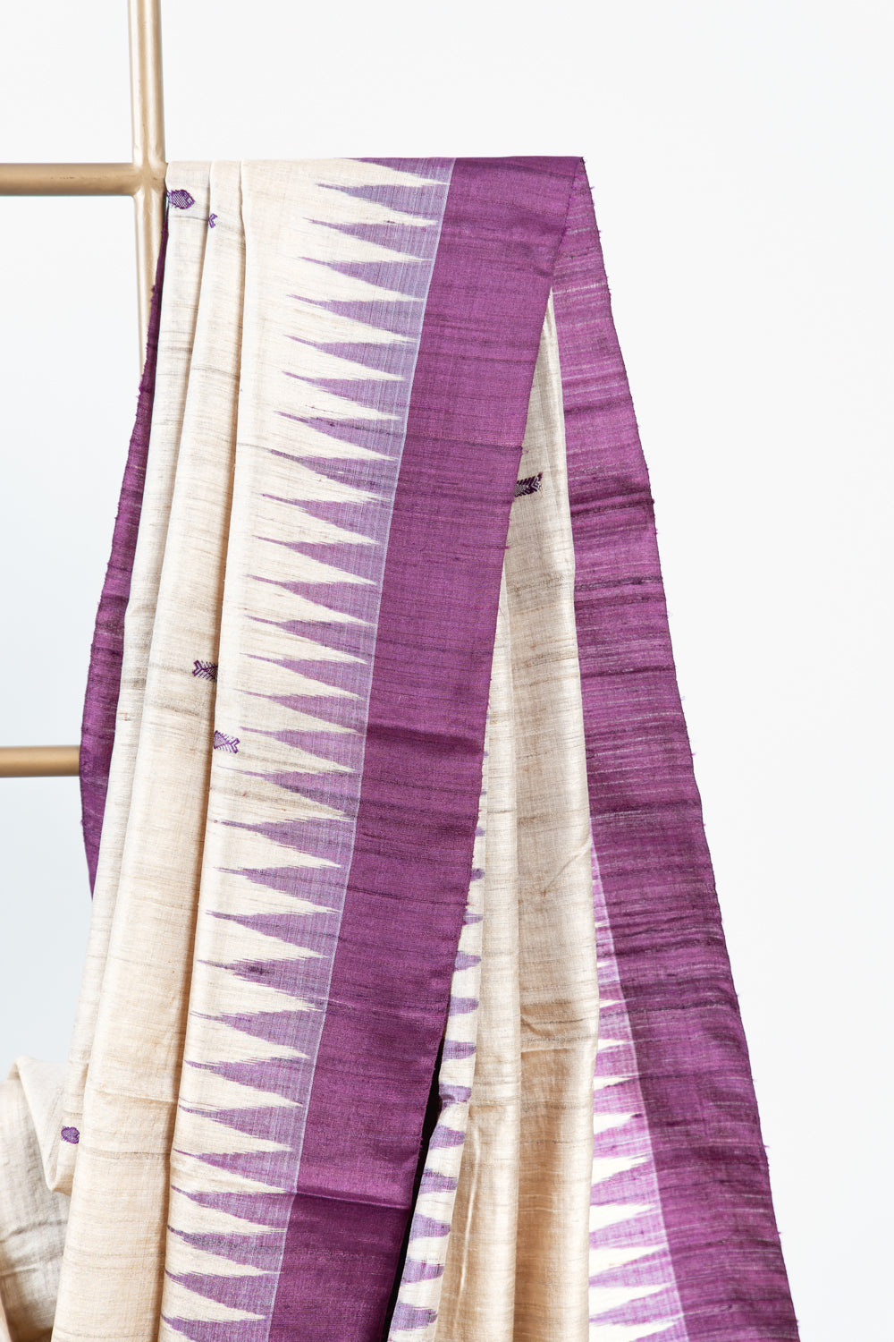 Natural Beige Tussar Silk Saree with Fish Motifs & Plum Border