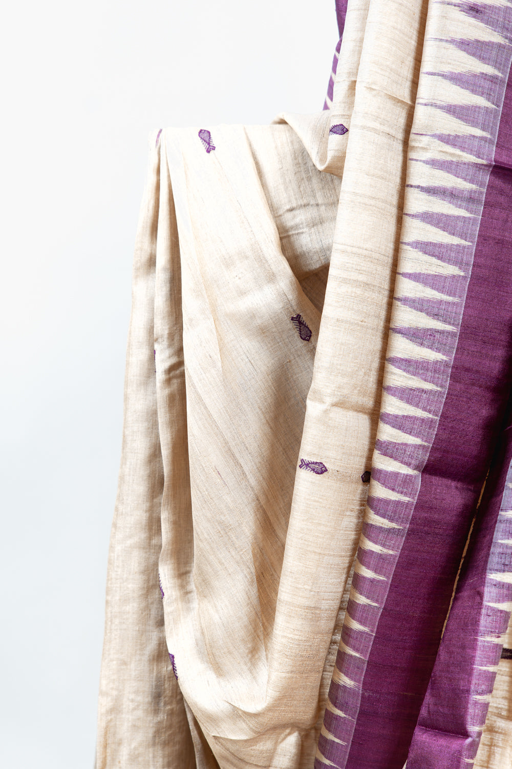 Natural Beige Tussar Silk Saree with Fish Motifs & Plum Border