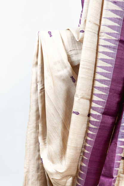 Natural Beige Tussar Silk Saree with Fish Motifs & Plum Border