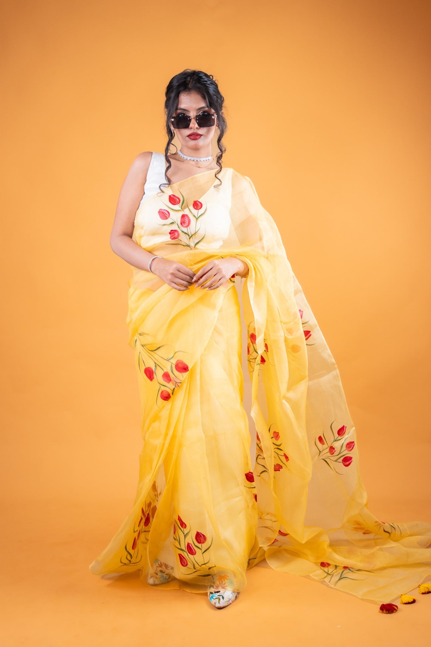 Pure Organza Handpainted Saree in Soft Yellow - Atulyakarigari