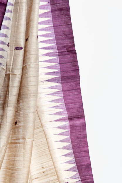 Natural Beige Tussar Silk Saree with Fish Motifs & Plum Border