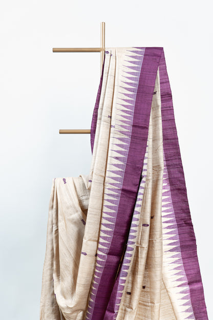 Natural Beige Tussar Silk Saree with Fish Motifs & Plum Border
