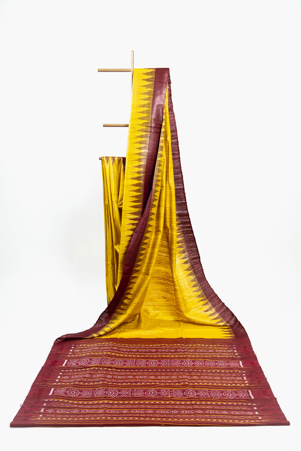 Mustard Yellow Tussar Silk Saree with Brown Temple Border
