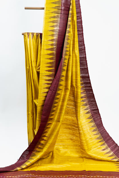 Mustard Yellow Tussar Silk Saree with Brown Temple Border
