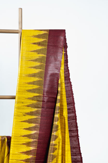 Mustard Yellow Tussar Silk Saree with Brown Temple Border