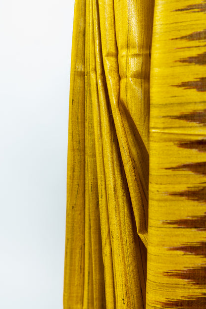 Mustard Yellow Tussar Silk Saree with Brown Temple Border