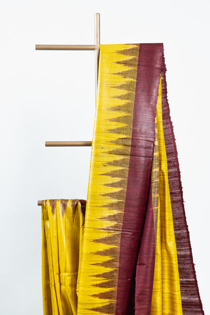 Mustard Yellow Tussar Silk Saree with Brown Temple Border