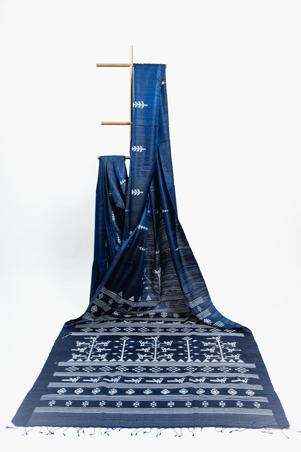 Midnight Navy Tussar Silk Saree with Vertical Fish Ikat