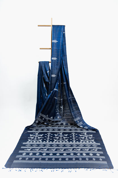 Midnight Navy Tussar Silk Saree with Vertical Fish Ikat