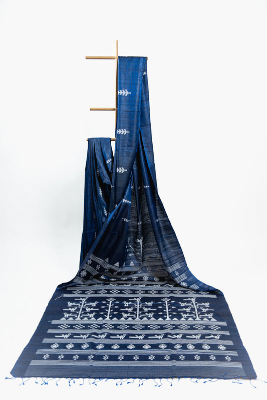 Midnight Navy Tussar Silk Saree with Vertical Fish Ikat