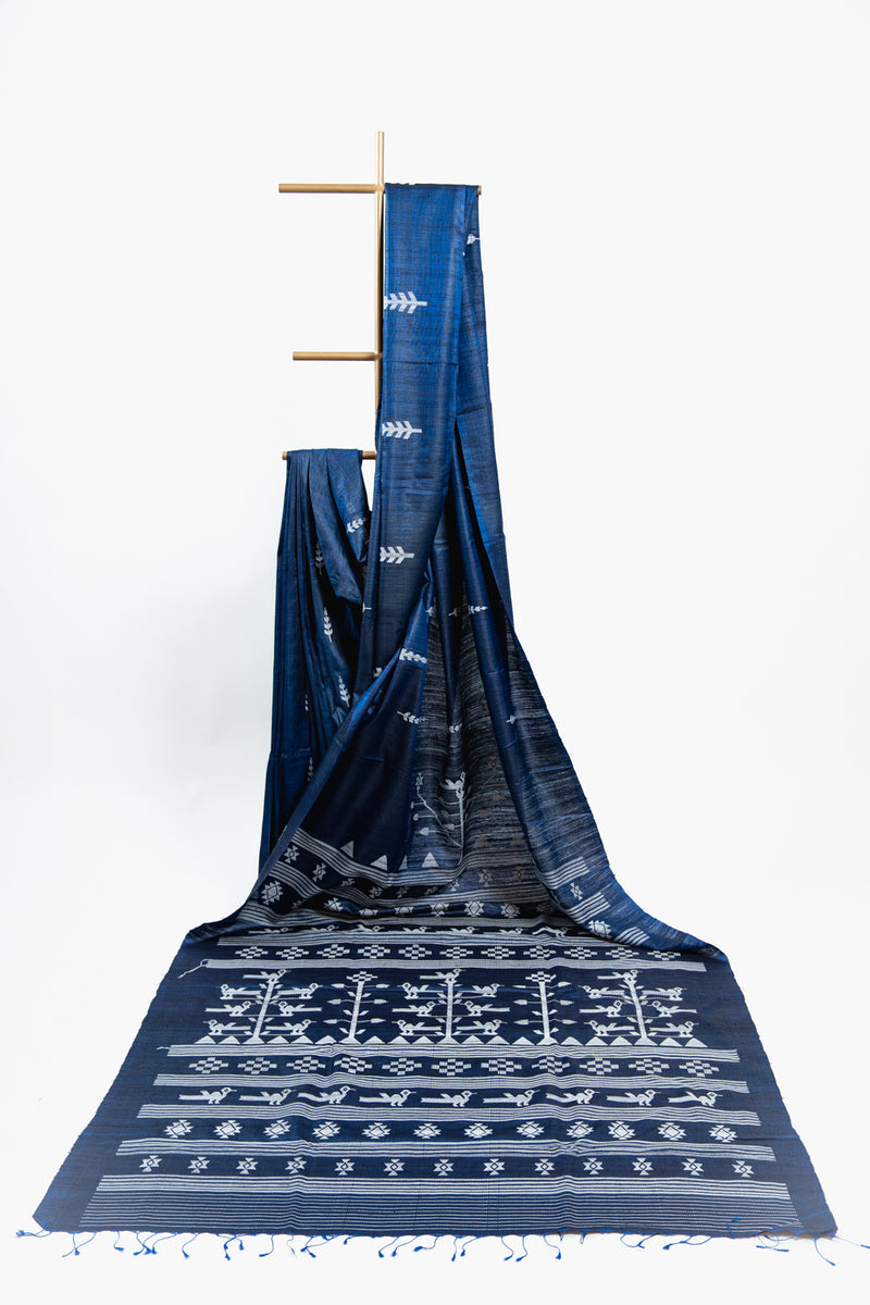 Midnight Navy Tussar Silk Saree with Vertical Fish Ikat