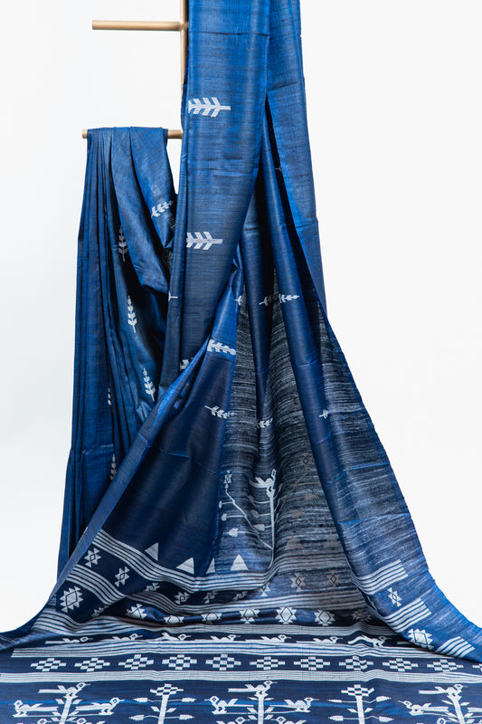 Midnight Navy Tussar Silk Saree with Vertical Fish Ikat