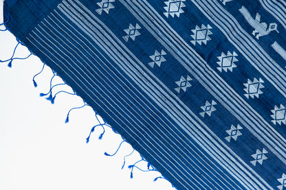 Midnight Navy Tussar Silk Saree with Vertical Fish Ikat
