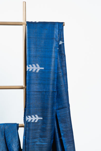 Midnight Navy Tussar Silk Saree with Vertical Fish Ikat