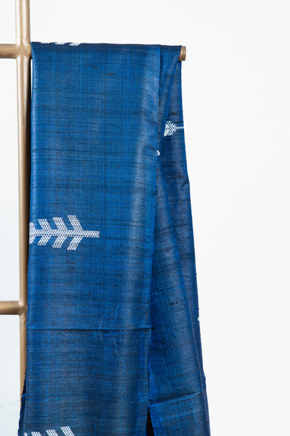 Midnight Navy Tussar Silk Saree with Vertical Fish Ikat
